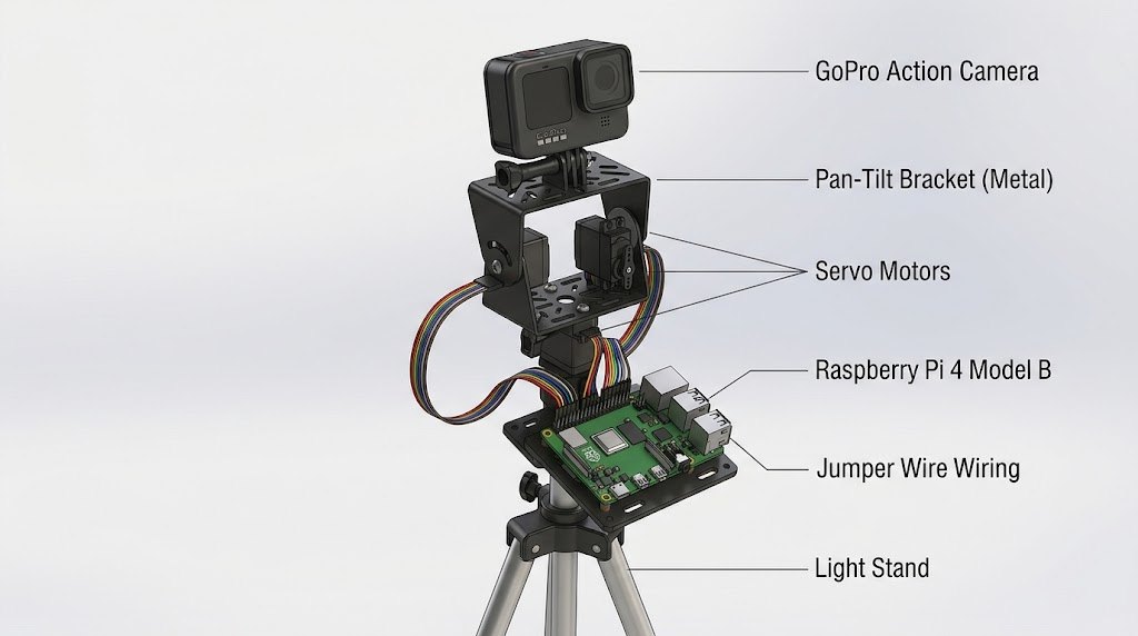 Render of the Pro rig: a GoPro on a metal pan-tilt bracket driven by two servo motors, wired to a Raspberry Pi 4 on a plate, on a light stand